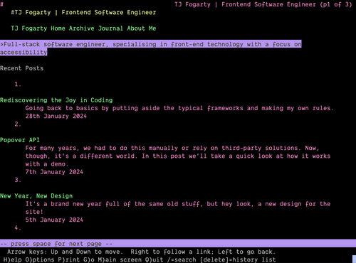 Lynx browser showing tj.ie with basic text and links available